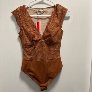 NWT Popilush Shapewear V-neck Sleeveless Sculpting Lace Bodysuit Brown Size S